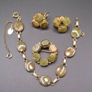Vintage Burt Cassell Unakite Semi Precious Brooch,Bracelet and Earrings Set 1/20